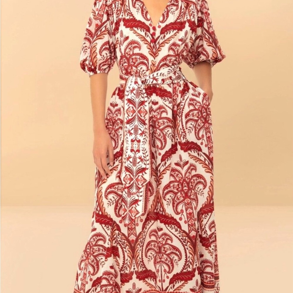FARM Rio Red and White Floral paisley Maxi Dress